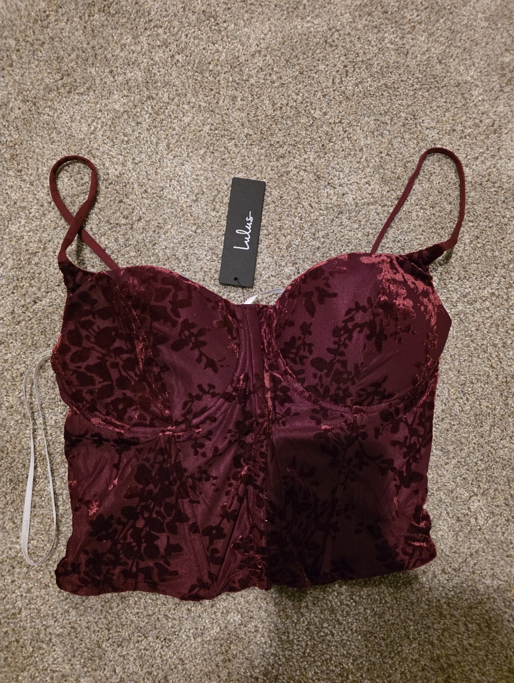 Lulu's Wine Red Velvet Floral Corset Top.